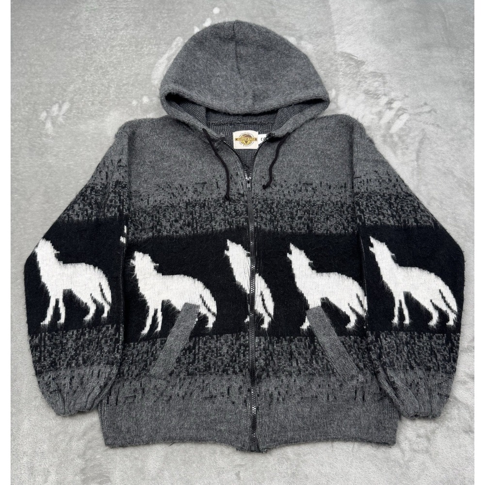 Earth Ragz Wolf Hoodie Mens Small Gray Black Fuzzy Knit Full Zip Jacket Mohair